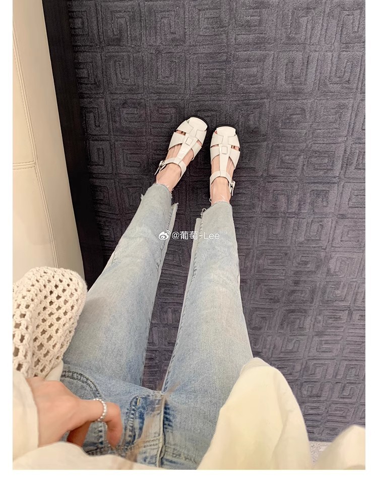 葡萄妈同款~罗马风编织设计方头镂空包头软面小粗跟凉鞋女夏详情11