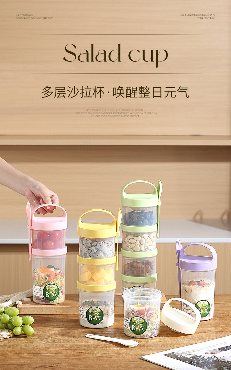 Creative double-layer circular sealed food storage box, breakfast fruit takeout microwave plastic lunch box with tableware storage box pic 1