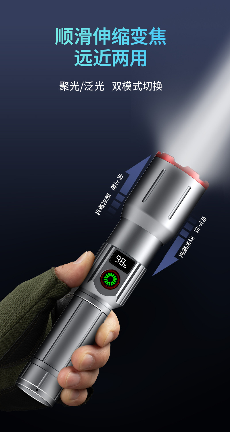 跨境2025新品强光远射手电筒白激光变焦数字电显户外工厂直供详情10