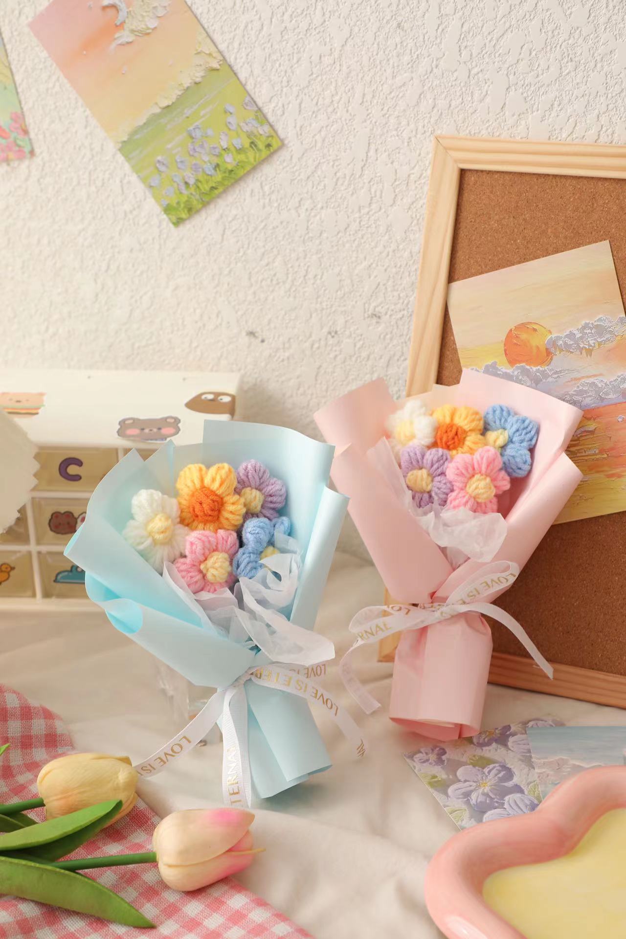 仿真花针织毛线花泡芙花束假花七夕情人教师节礼物伴手礼跨境批发详情4