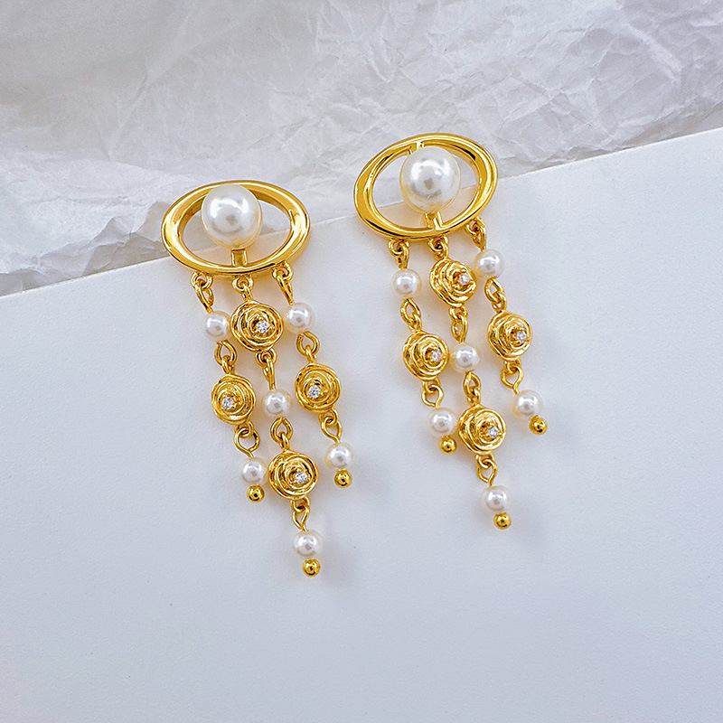 Nuevo estilo moda mujer pendientes calado rosa flor perlas pendientes premium sentido borlas magos luz accesorios de oído de lujo pic 9