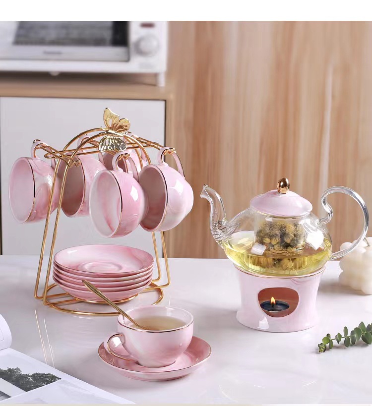 English flower teapot, candle heating, fruit teapot set, glass beauty salon teapot, ceramic afternoon tea cups pic 8