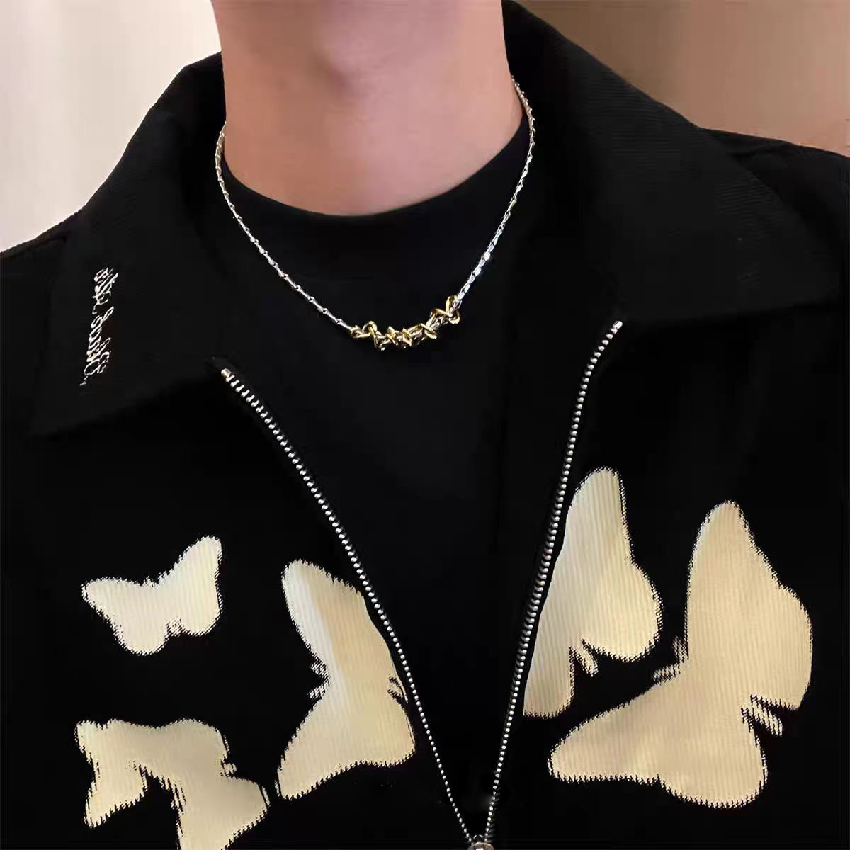 欧美金银扭转撞色钛钢项链男女百搭小众设计金色粗链条缠绕蛇骨链详情5