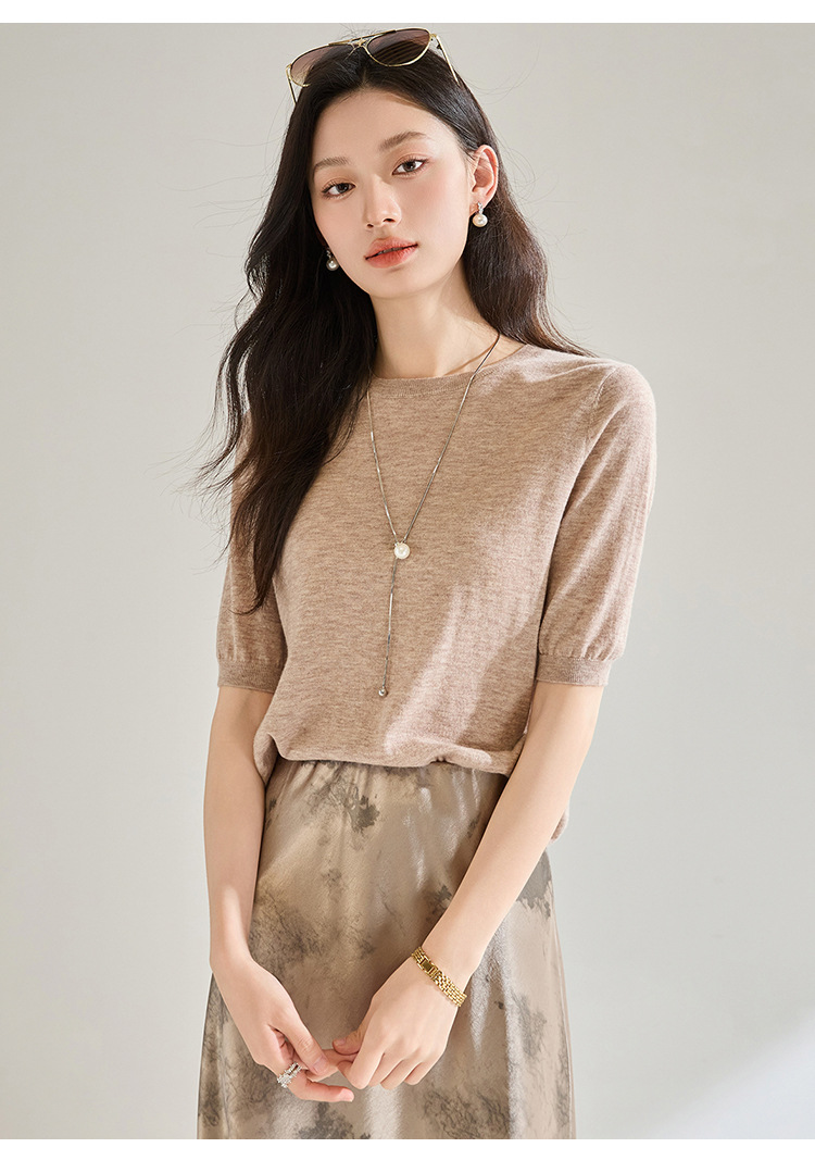 Summer 100% wool short-sleeved round-neck base knitted sweater for women, loose and elegant, versatile T-shirt and sweater 25252 pic 17