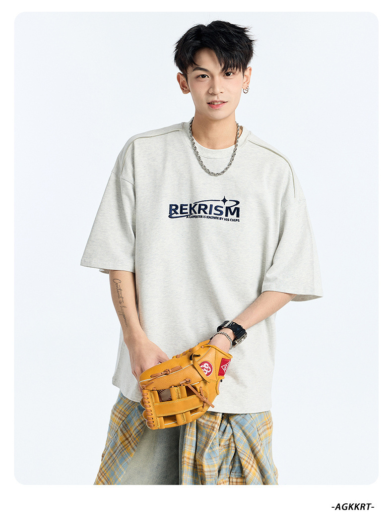 Heavy cotton short-sleeved T-shirt for men, Spring/Summer 2025, American letter print zipper design, loose and versatile base layer pic 21