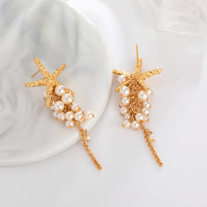 Dulce y refrescante versión coreana pendientes para mujeres niche estrellas conchas collar de perlas diseño de pendientes de alta calidad sentido múltiples orejeras pic 9