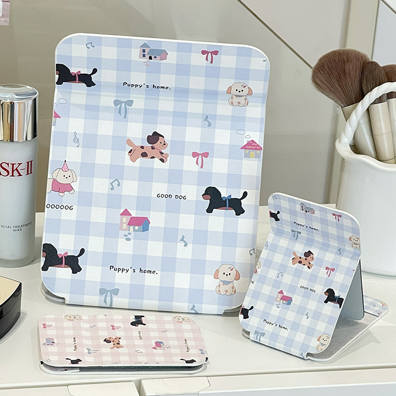 网格小狗蝴蝶结折叠镜高颜值便携学生宿舍台式桌面可立梳妆镜镜子详情10