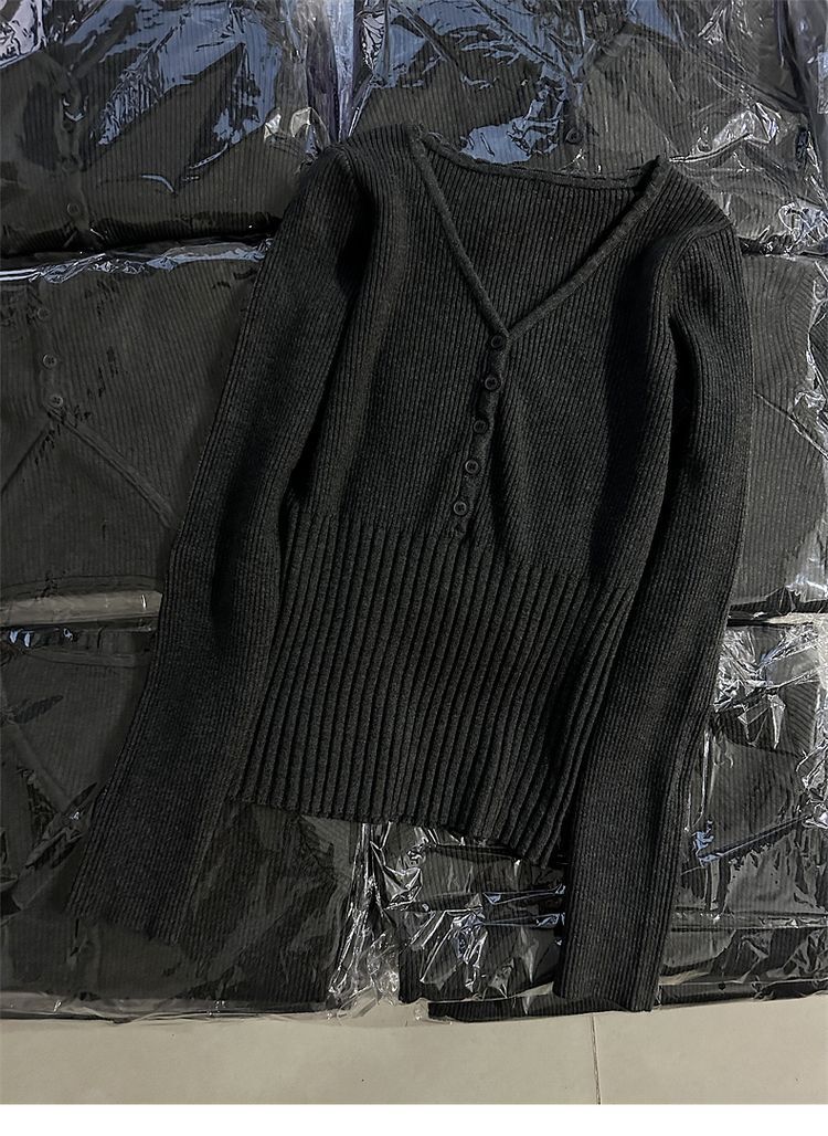 韩系灰色V领针织打底衫女内搭秋冬新款加厚软糯收腰显瘦长袖上衣详情2