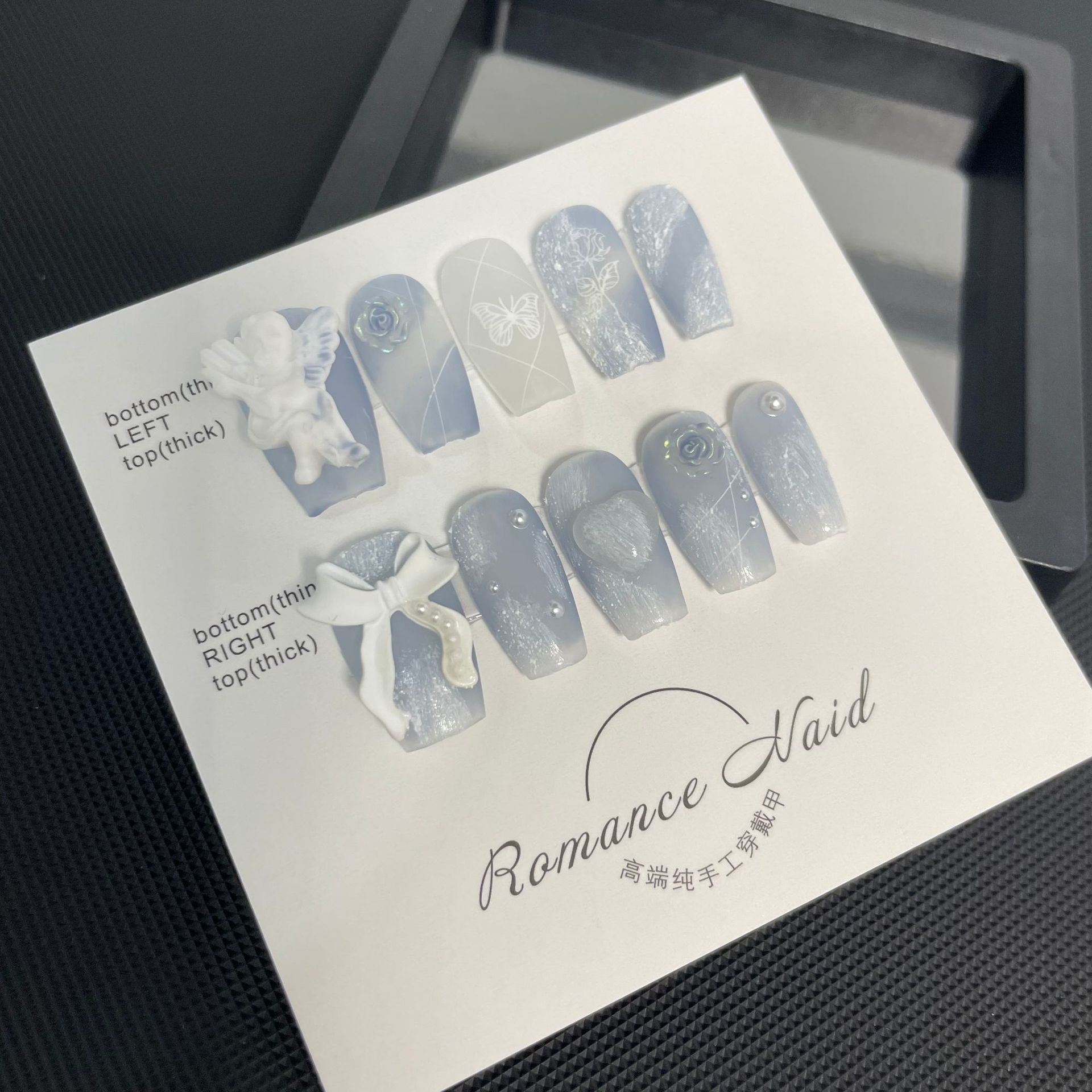 【 Pure Handcrafted Real Shot 】 Cold and misty misty blue gypsum angel rose handcrafted wearing armor false nail manicure pic 3