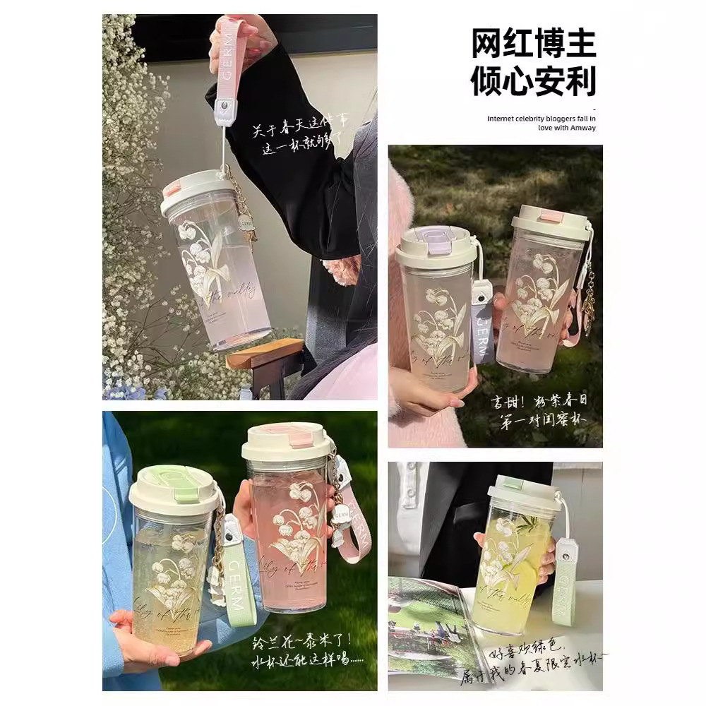 The new Lily of the bell water cup is a high-appearation-level plastic cup with a handle, a large-capacity, high-temperature resistant three-drinking straw cup for home use pic 1
