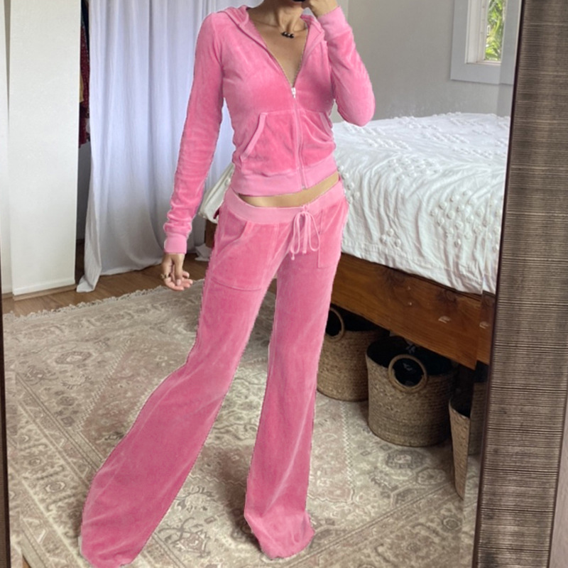 Solid color velvet slim sports suit zipper hood pic 7