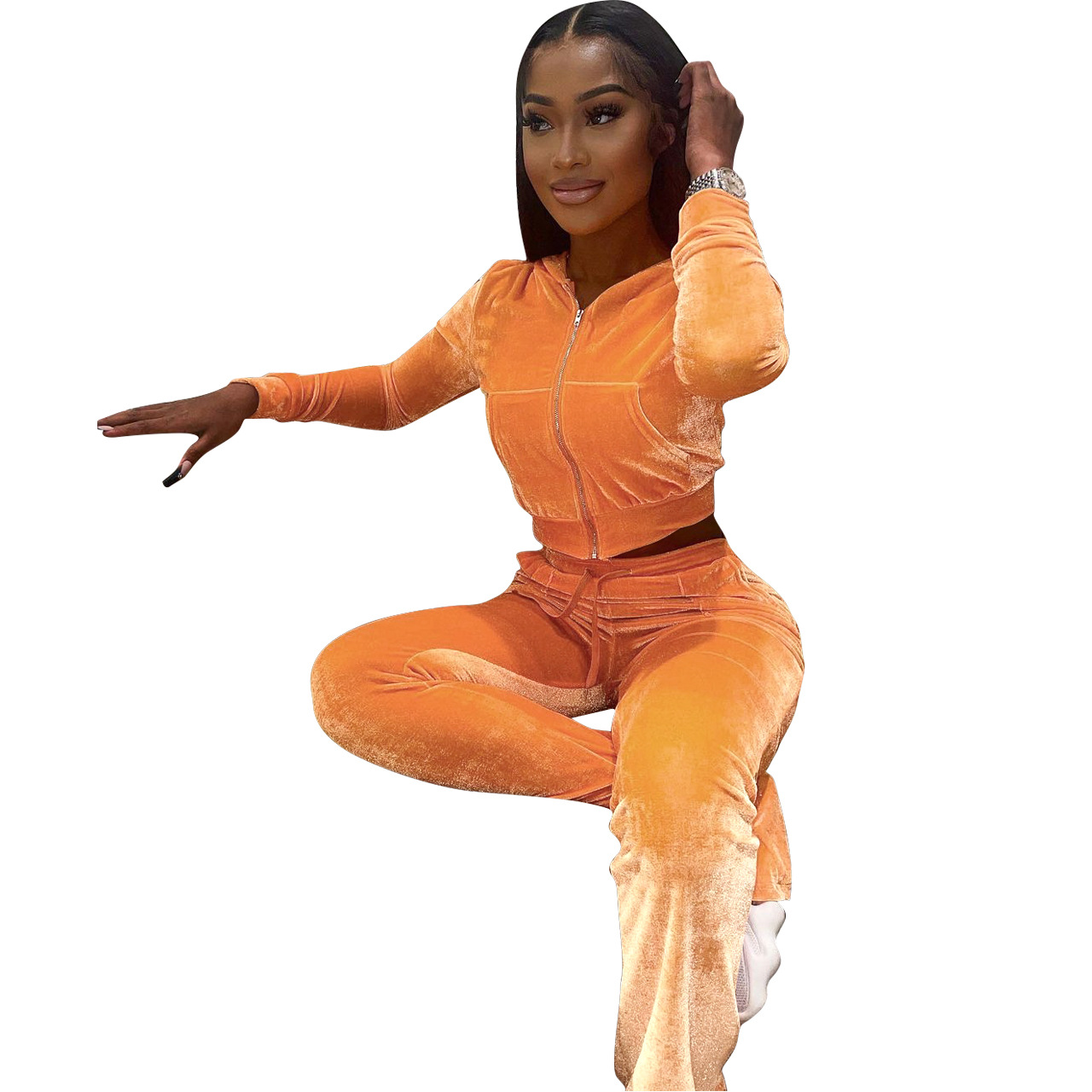 Solid color gold velvet wide-leg pants two-piece set pic 182