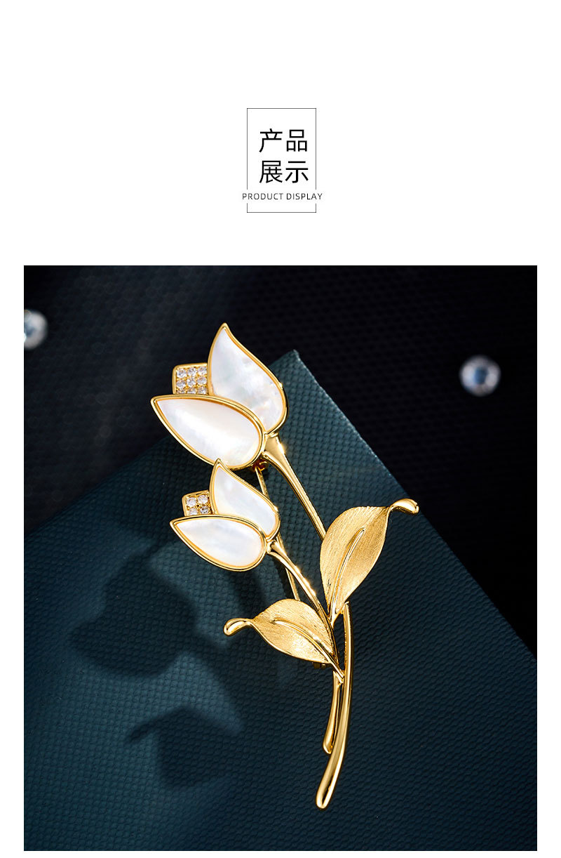 A light luxury and high-end natural mother-of-pearl tulip brooch, copper-plated with real gold and brushed exquisite brooch, new corsages for clothing and accessories pic 11