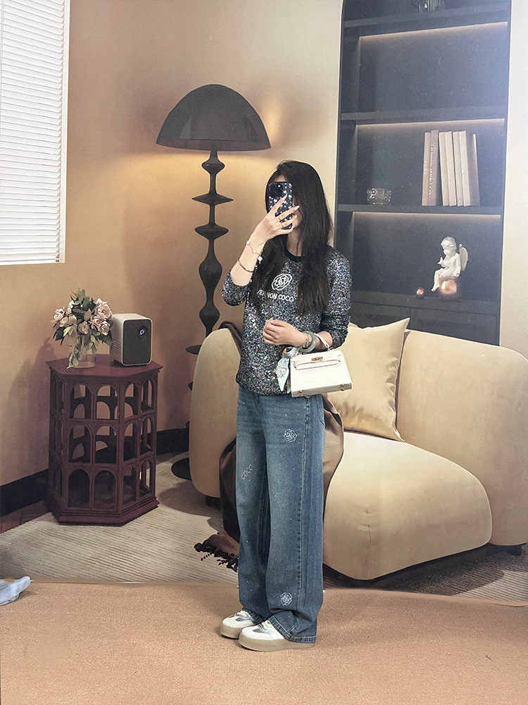 女士休闲烫钻牛仔裤阔腿2025新款春秋小个子显瘦遮肉大码直筒裤子详情9