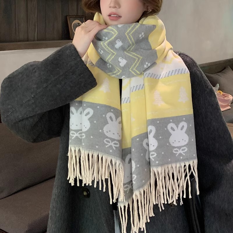 新款双面卡通小兔子围巾女流苏超柔软可爱小清新冬季围脖学生保暖详情9