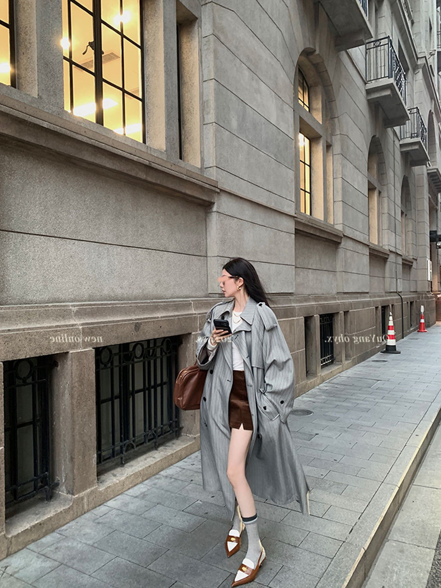 区区欧阳翻领双排扣风衣外套女秋季宽松高级感系带廓形中长款大衣详情11