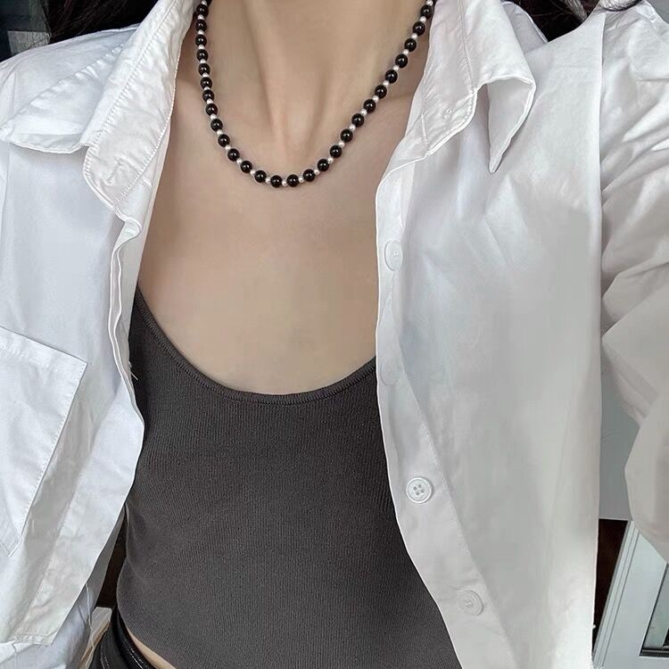 Natural black agate silver bead spliced necklace, Korean s925 pure silver versatile round bead collarbone chain, retro and fashionable jewelry for women pic 3