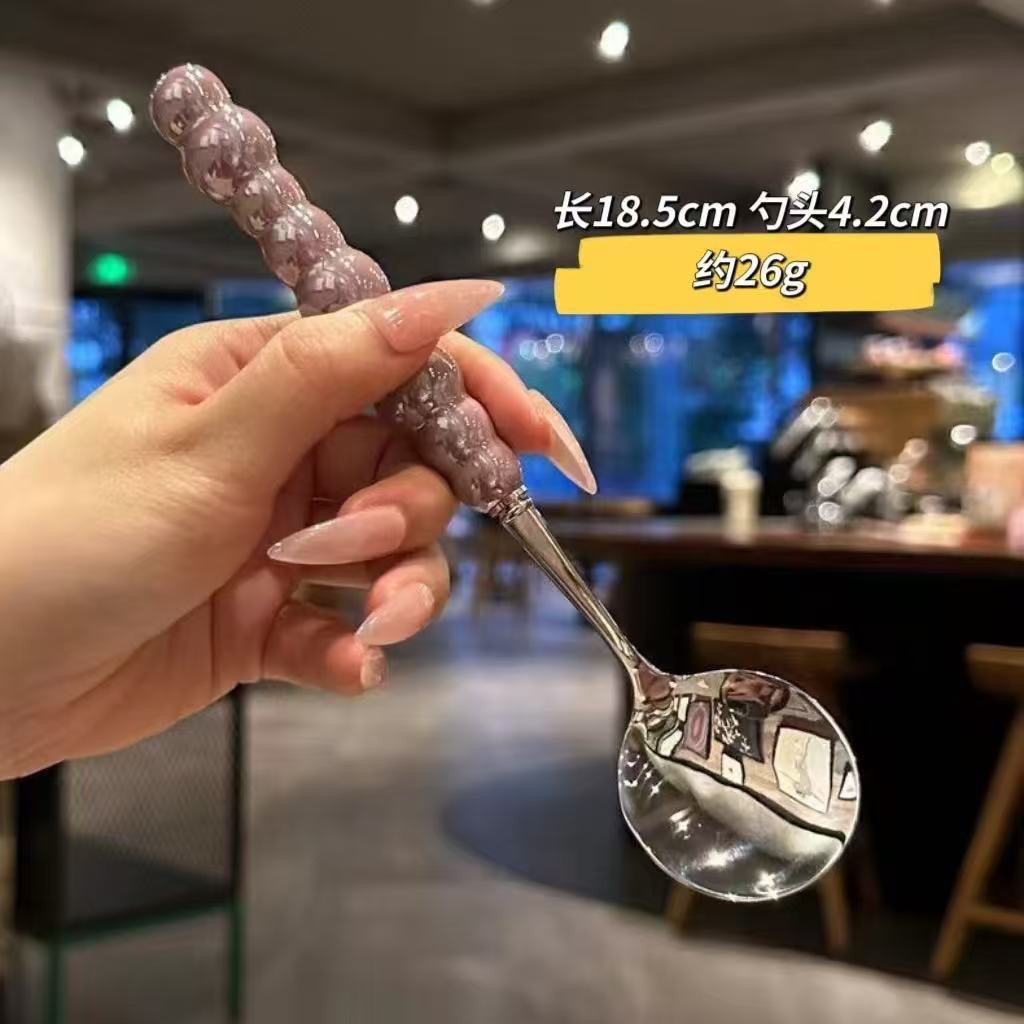 四色珍珠不锈钢勺子仿陶瓷手柄家用餐勺高颜值耐高温圆勺调羹批发详情3