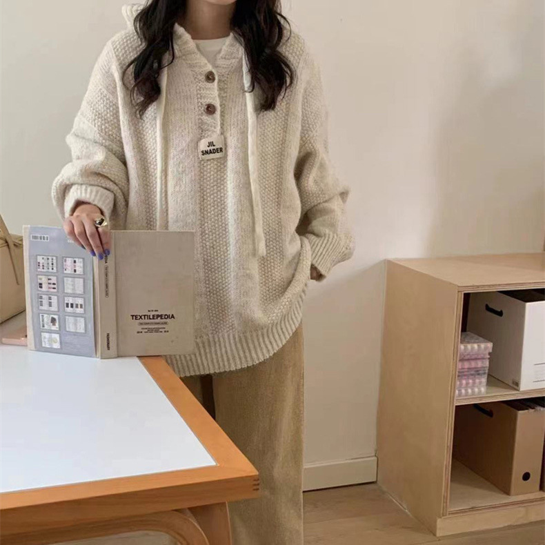 韩版宽松慵懒风连帽毛衣女秋冬2025新款软糯加厚抽绳针织卫衣上衣详情6