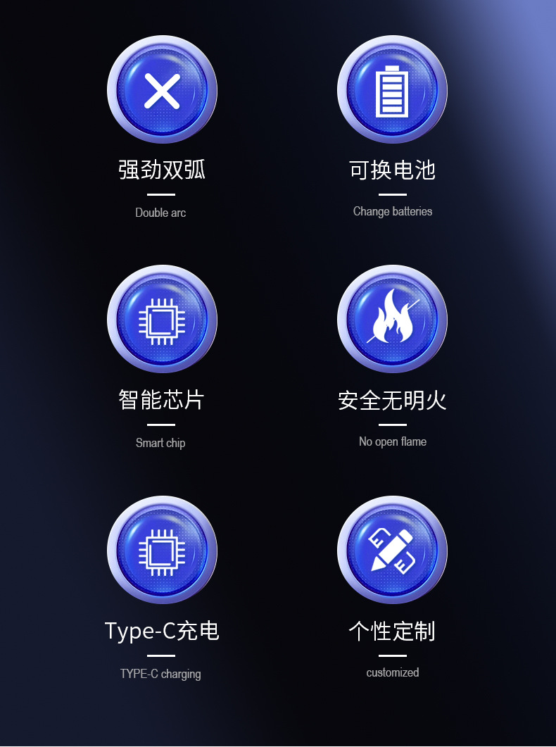 2025创新可换电池type-c快充双电弧打火机防风usb智能点火器批发详情4
