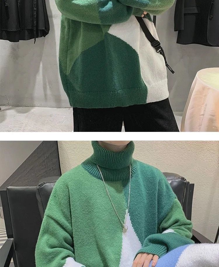 High-neck sweater for men, Hong Kong-style knitted sweater for both men and women, thick, trendy, loose and laid-back sweater for men in winter pic 15