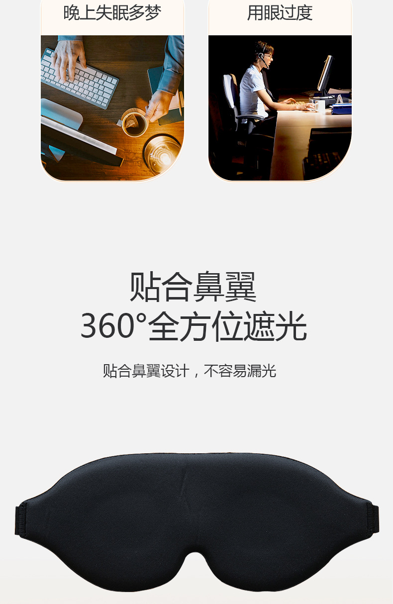 厂家生产3D眼罩遮光非慢回弹午睡睡眠眼罩牛奶丝面料柔软舒服面料详情6