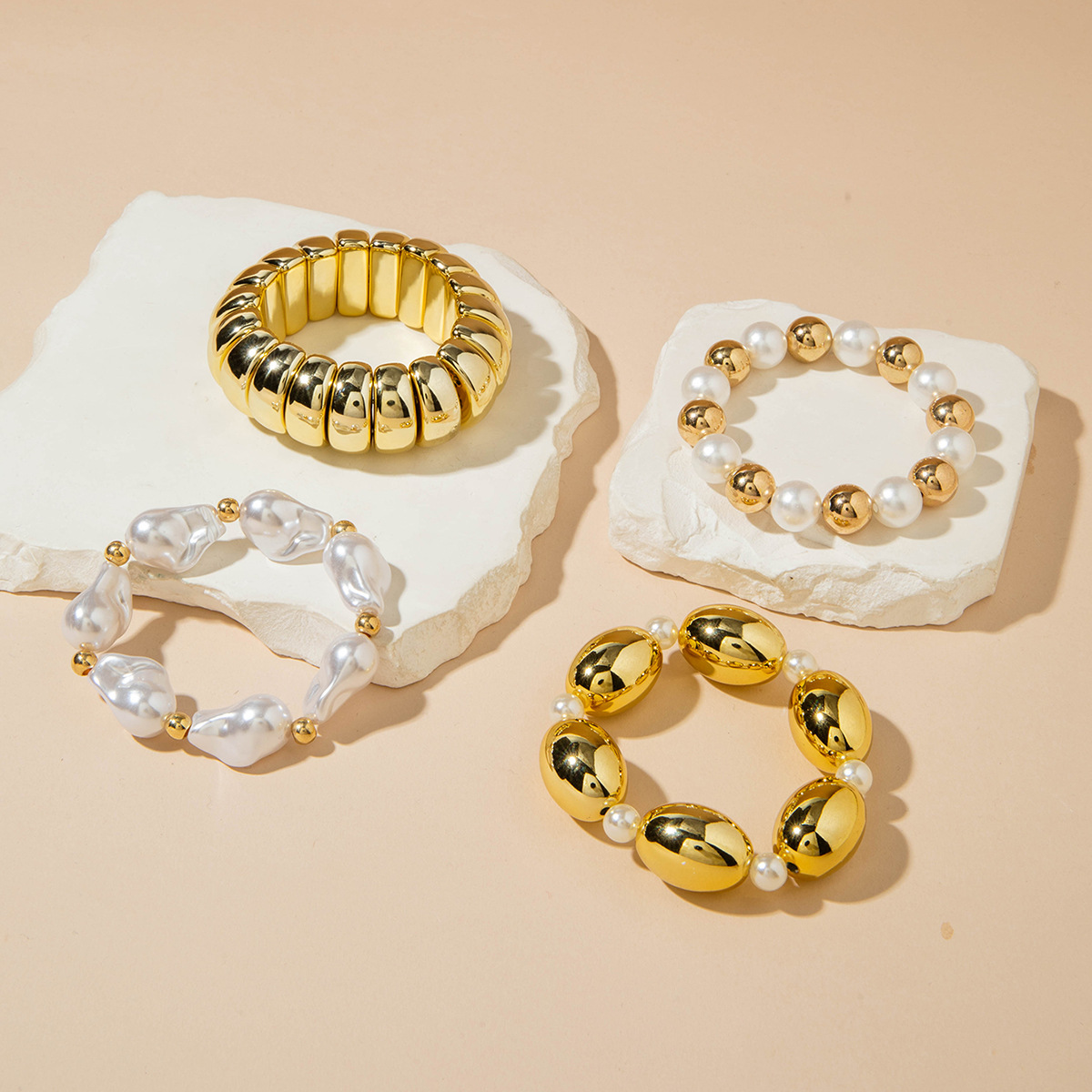 欧美跨境新款多层线条缠绕几何开口手镯套装朋克风波浪形串珠手链详情105