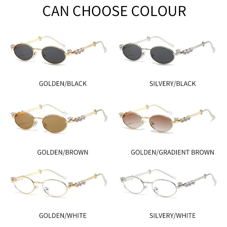Metal diamond-encrusted oval small frame glasses, ins style cross-border resin anti-blue light glasses, water diamond plain y2k sunglasses pic 6