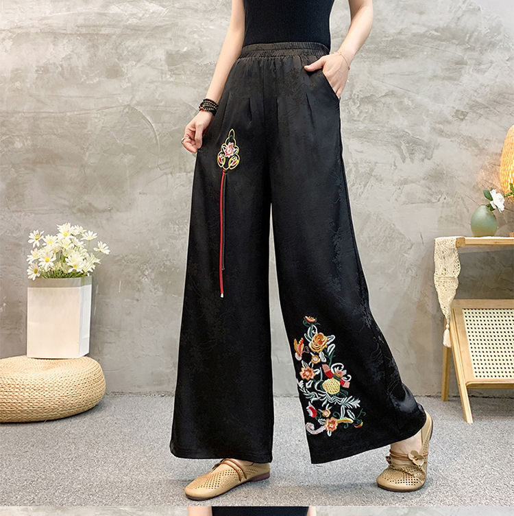 国潮绸面提花新中式民族风阔腿裤国风文艺刺绣花高腰休闲宽松长裤显瘦详情9