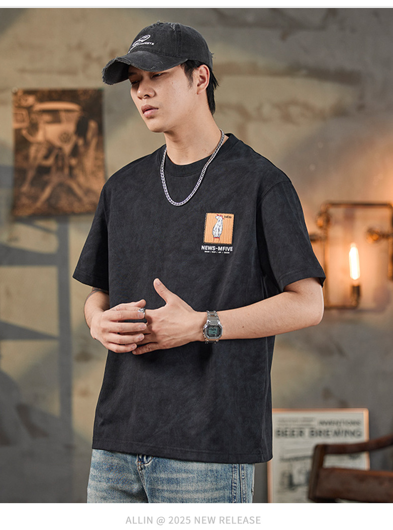 ALLIN 卡通印花短袖T恤男夏季美式重磅宽松百搭圆领五分半袖上衣详情27