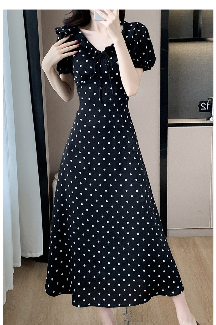 High-quality summer Korean-style sweet and slimming dress with lotus leaf collar, waist-cinching tie, puffed sleeves and jacquard polka dot pic 29