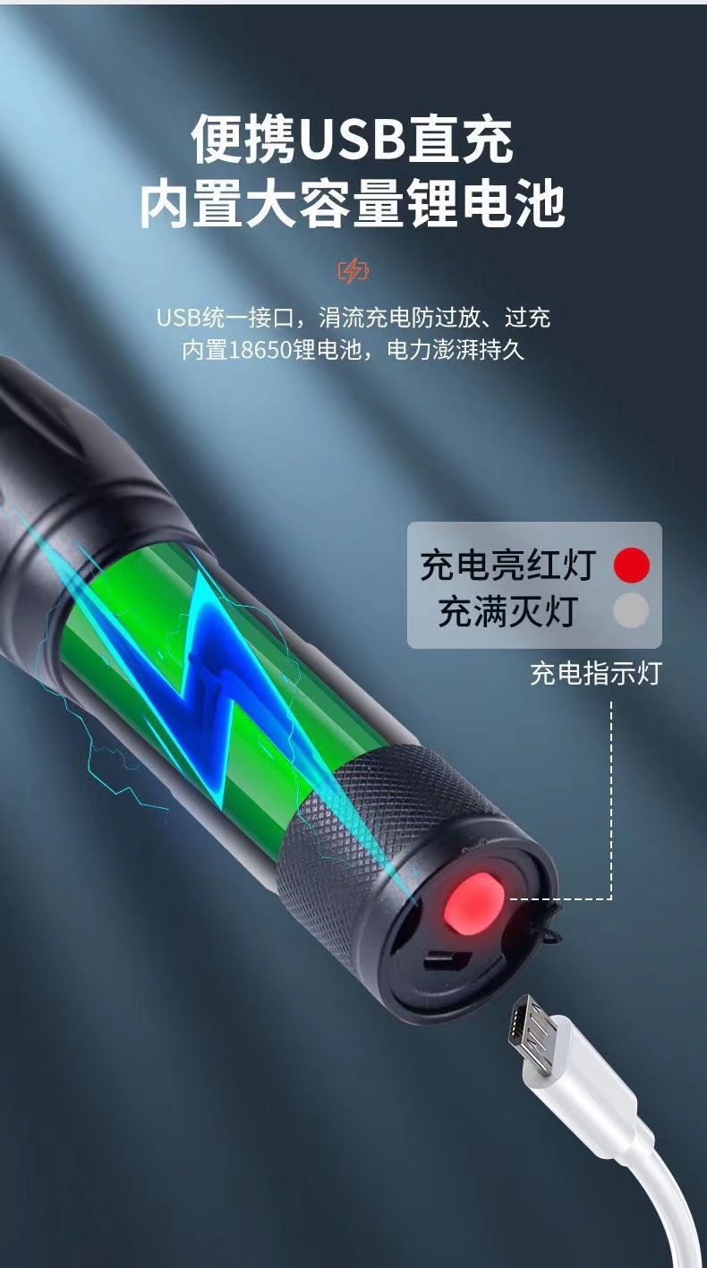 USB直充白黄蓝紫四光源强光手电筒紫光灯检测防伪固化蓝光夜钓灯详情4