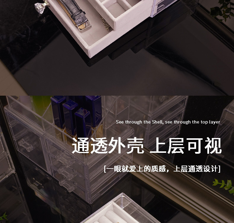 Three-layer jewelry storage box, transparent acrylic velvet checkered jewelry necklace, ring and bracelet storage and organization box pic 2