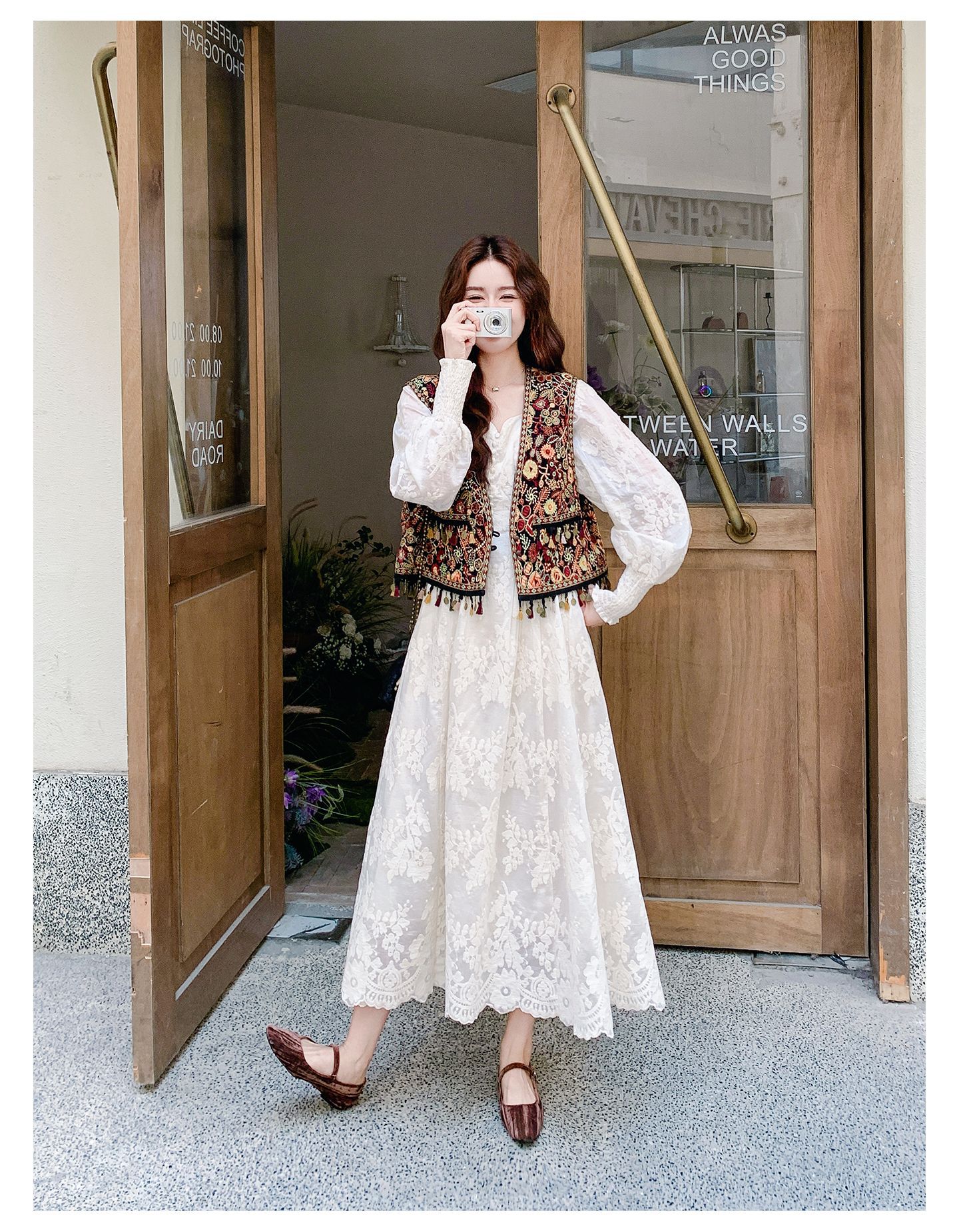Real shot Bohemian fringed vest jacquard long dress two-piece set 2025 autumn collection lace patchwork V-neck dress pic 42
