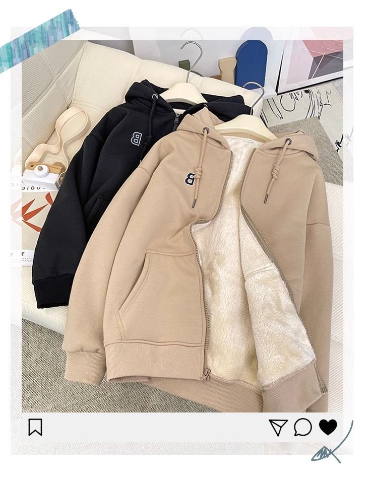 加绒加厚连帽羊羔绒卫衣女秋冬新款女士宽松保暖长袖开衫拉链外套详情4