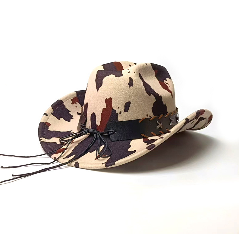 新款牛头配件西部牛仔礼帽米黄色奶牛纹防晒遮阳帽子详情4