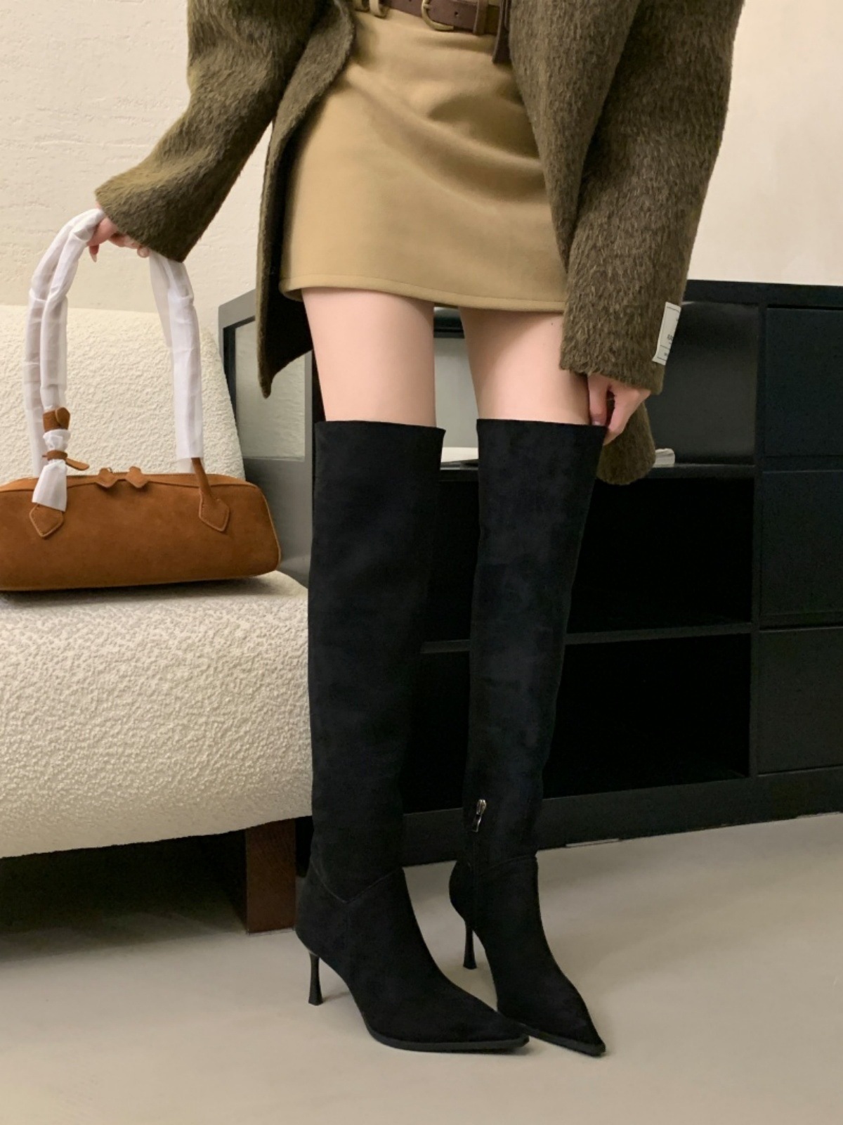 法式一靴多穿高细跟尖头堆堆过膝靴女春秋款侧拉链复古瘦瘦过膝靴详情23