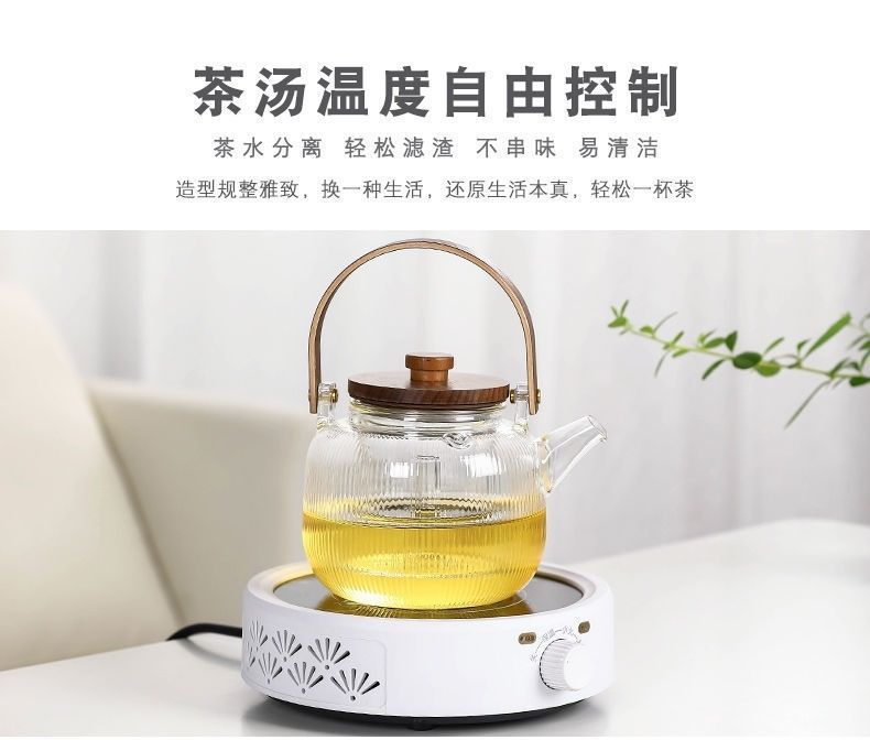 Wholesale high-temperature resistant flower and plant teapot sets, fruit boiling teapots, household steaming and boiling integrated wooden handle, glass vertical grain brewing pic 12