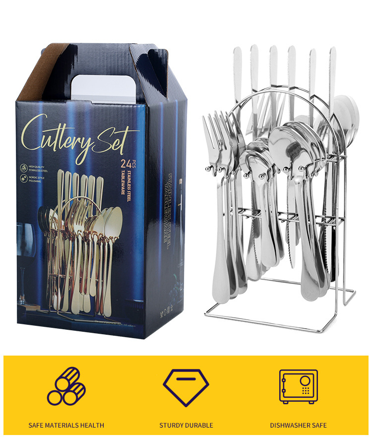 Cross-border 410 stainless steel knife, fork and spoon box set, golden gift box set, high appearance level, 24-piece set, Western tableware four-piece set pic 6