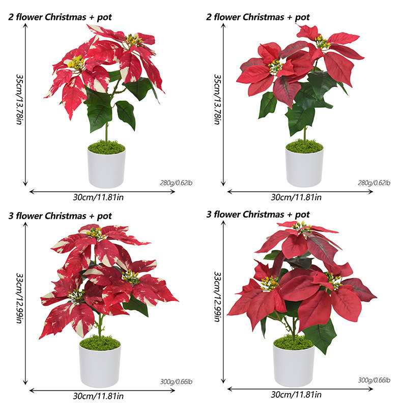 Cross-border new faux Christmas flower potted plants, golden desktop ornaments, home decoration 3D printed poinsettias faux flowers pic 2