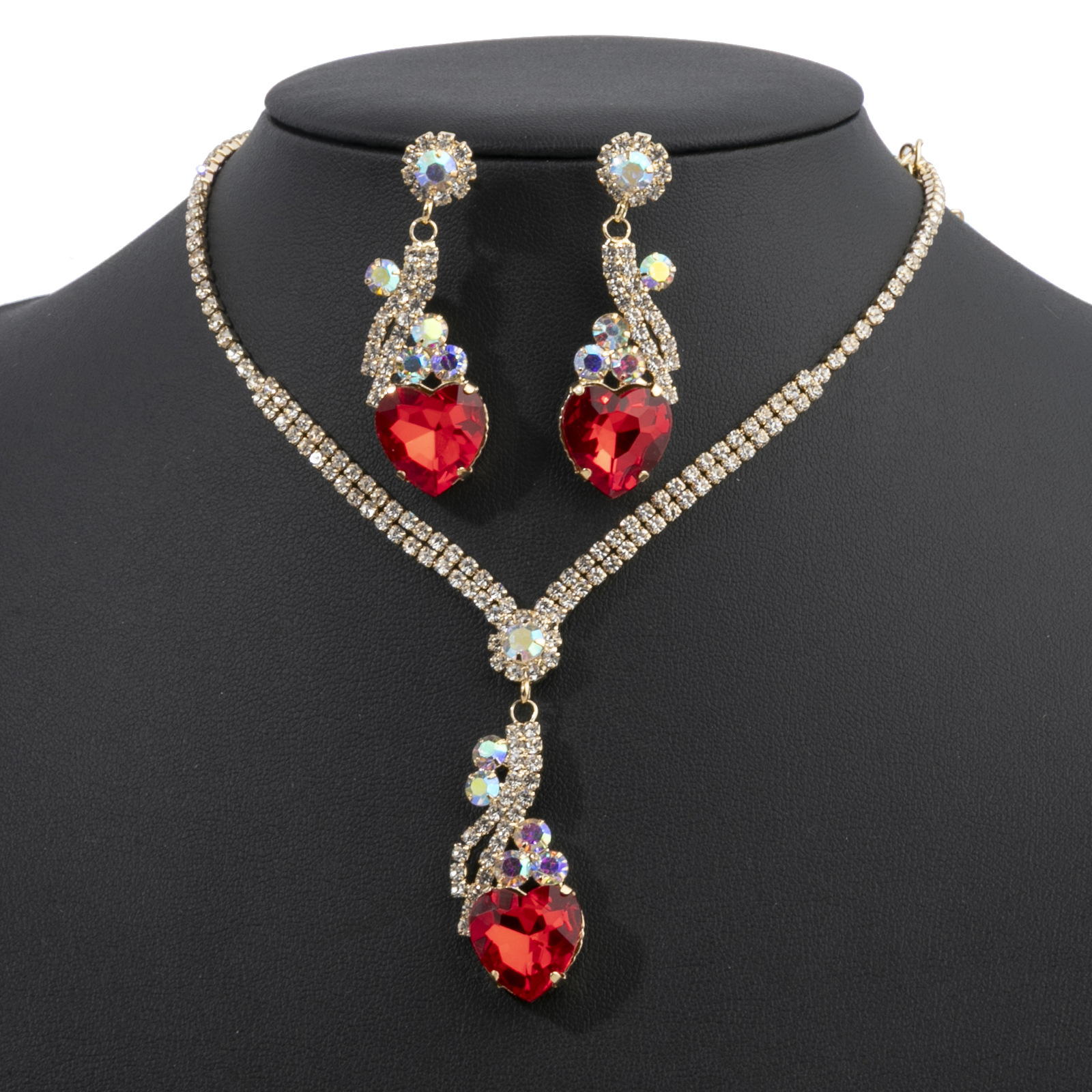 Wholesale of new cross-border European and American full-diamond bride wedding heart-shaped pendant earrings and necklaces with rhinestones pic 6