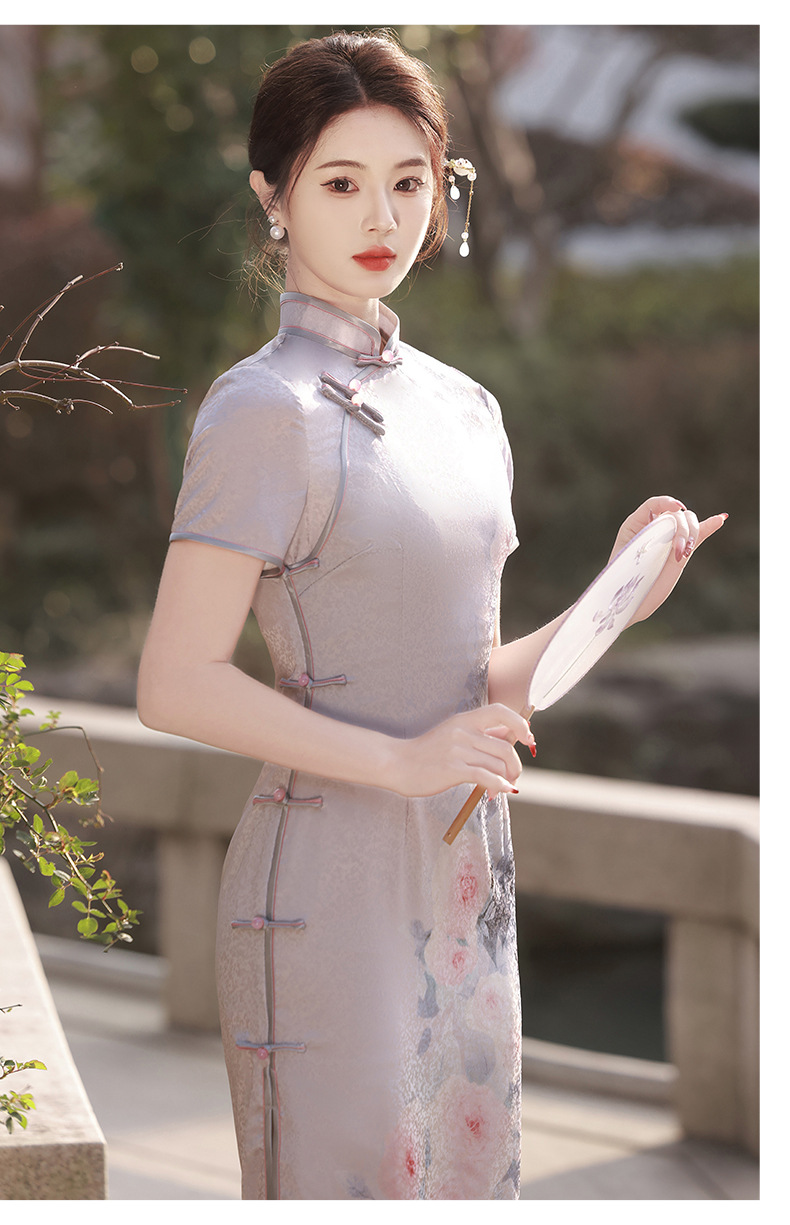 国潮仟金公主双层提花丝绸修身显瘦气质改良年轻款长款走秀旗袍连衣裙详情11