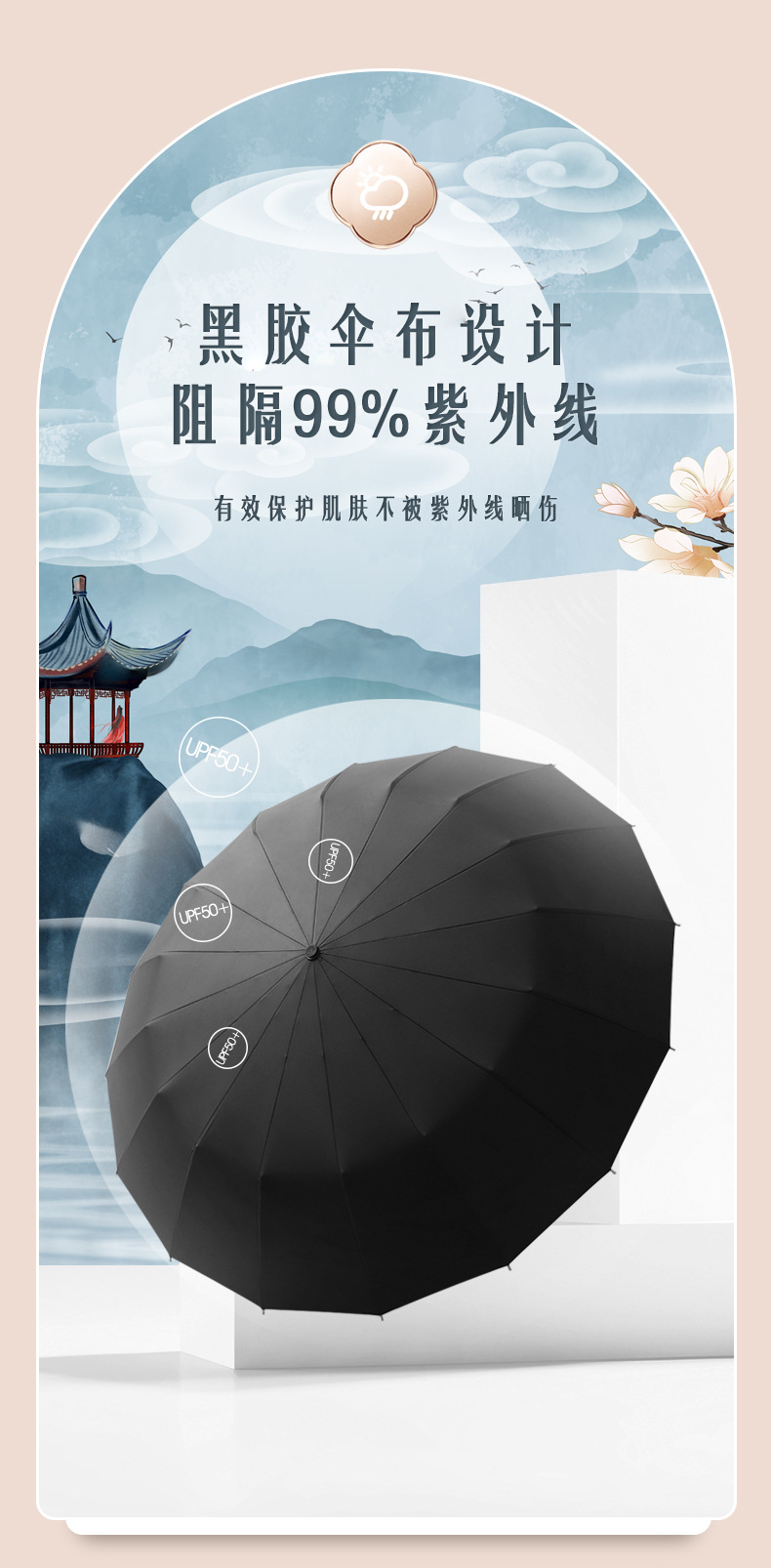 三折16骨手开晴雨伞复古潮流实木手柄遮阳伞黑胶防晒太阳伞可印字详情13