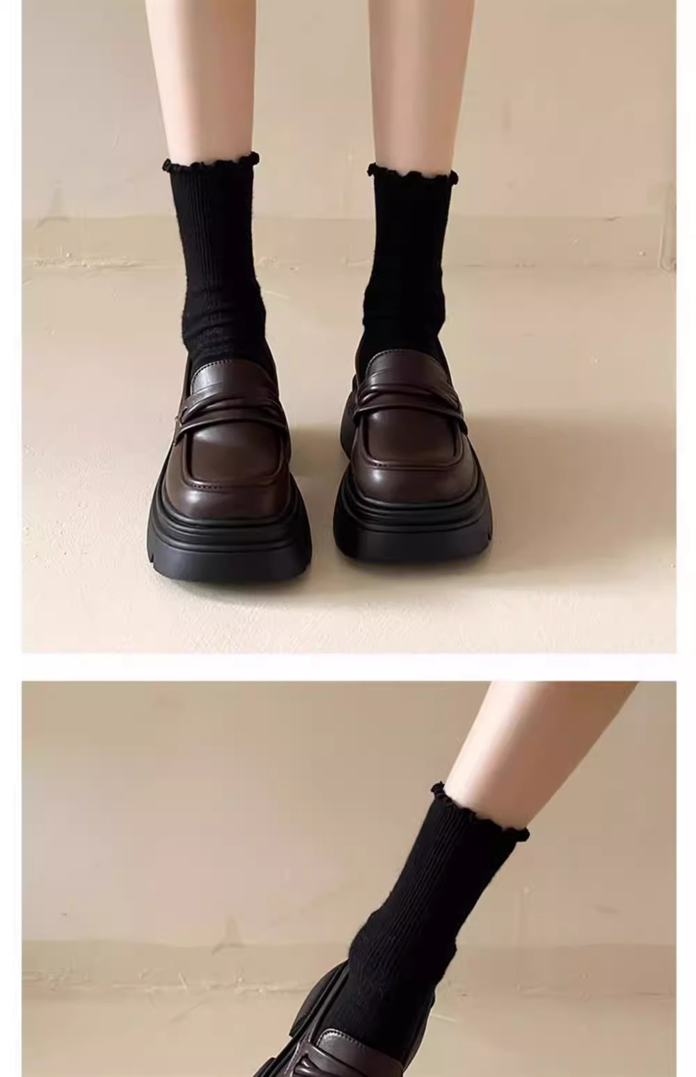 牛皮版~英伦风厚底真皮小皮鞋女复古黑色休闲松糕鞋一脚蹬乐福鞋详情14