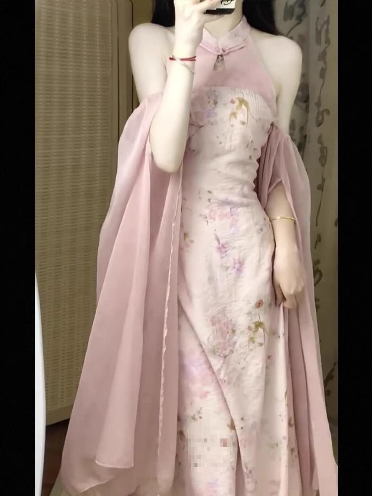 New Chinese-style improved cheongsam engagement dress, high-end, light luxury and niche Chinese-style pink halter-neck dress for women in spring and summer pic 4