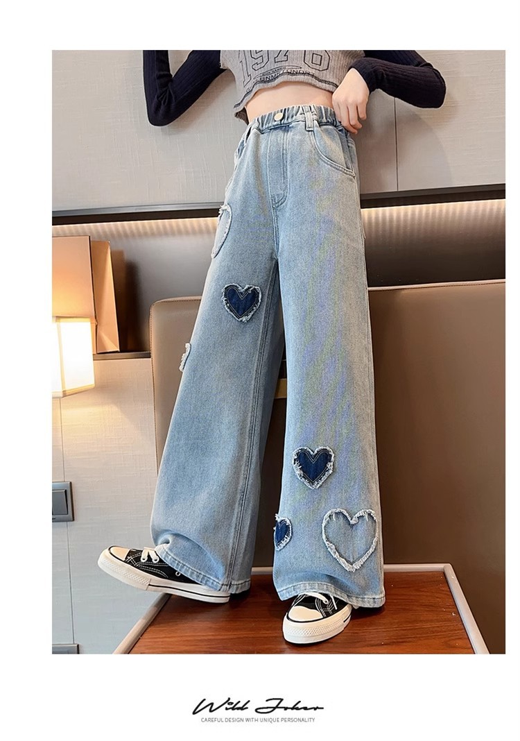 女童爱心贴布阔腿裤牛仔裤2025春秋款女大童直筒裤炸街潮韩版潮流详情22