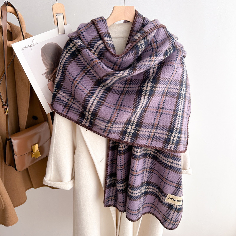 新款直播爆款甜美百搭粉色格子软糯学生格子围巾冬季保暖流苏披肩详情11