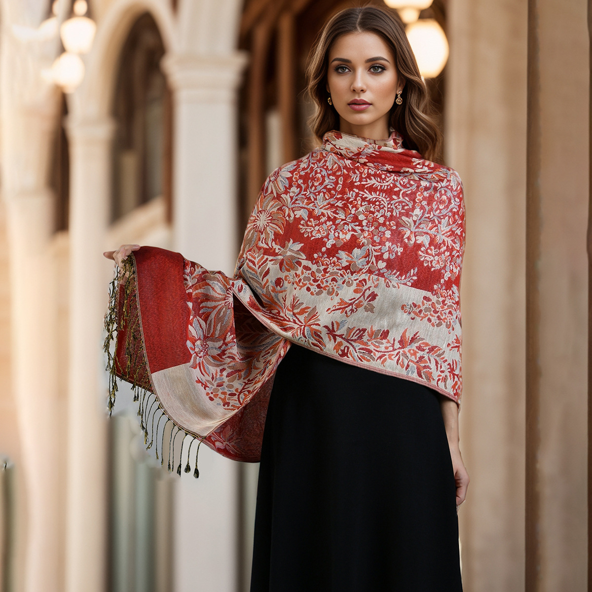 欧美爆款民族风太阳花流苏围巾时尚印花欧美风刺绣长巾流苏披肩详情9