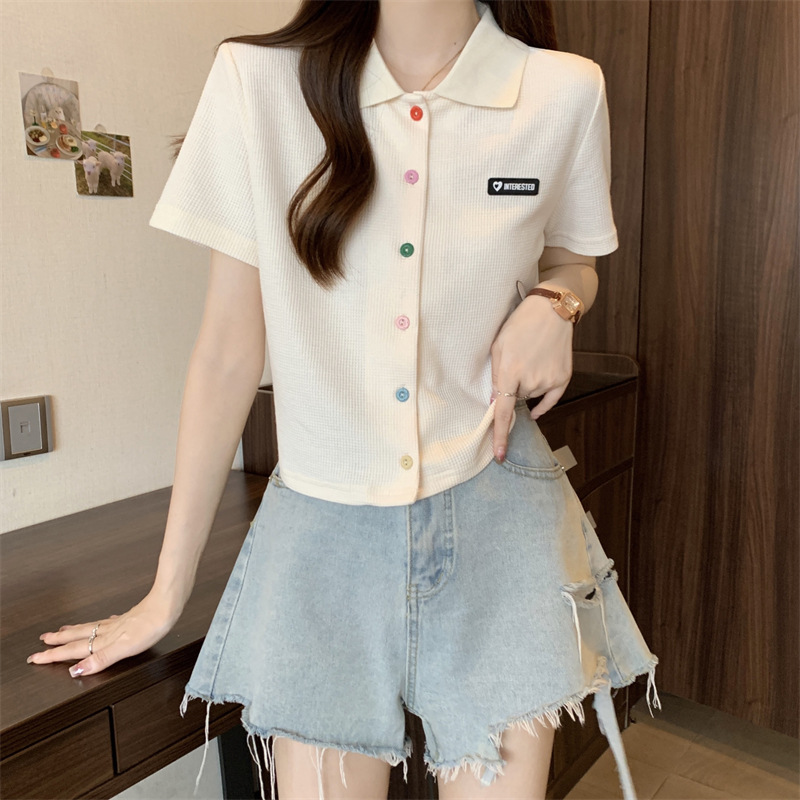 夏季大码胖mm学院风减龄彩色扣polo领正肩黑色短袖T恤女小衫上衣详情5