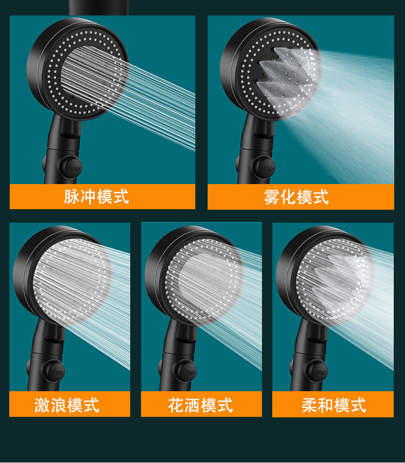 Black Knight five-speed multi-functional pressurized showerhead matte black large handheld showerhead shower set pic 5